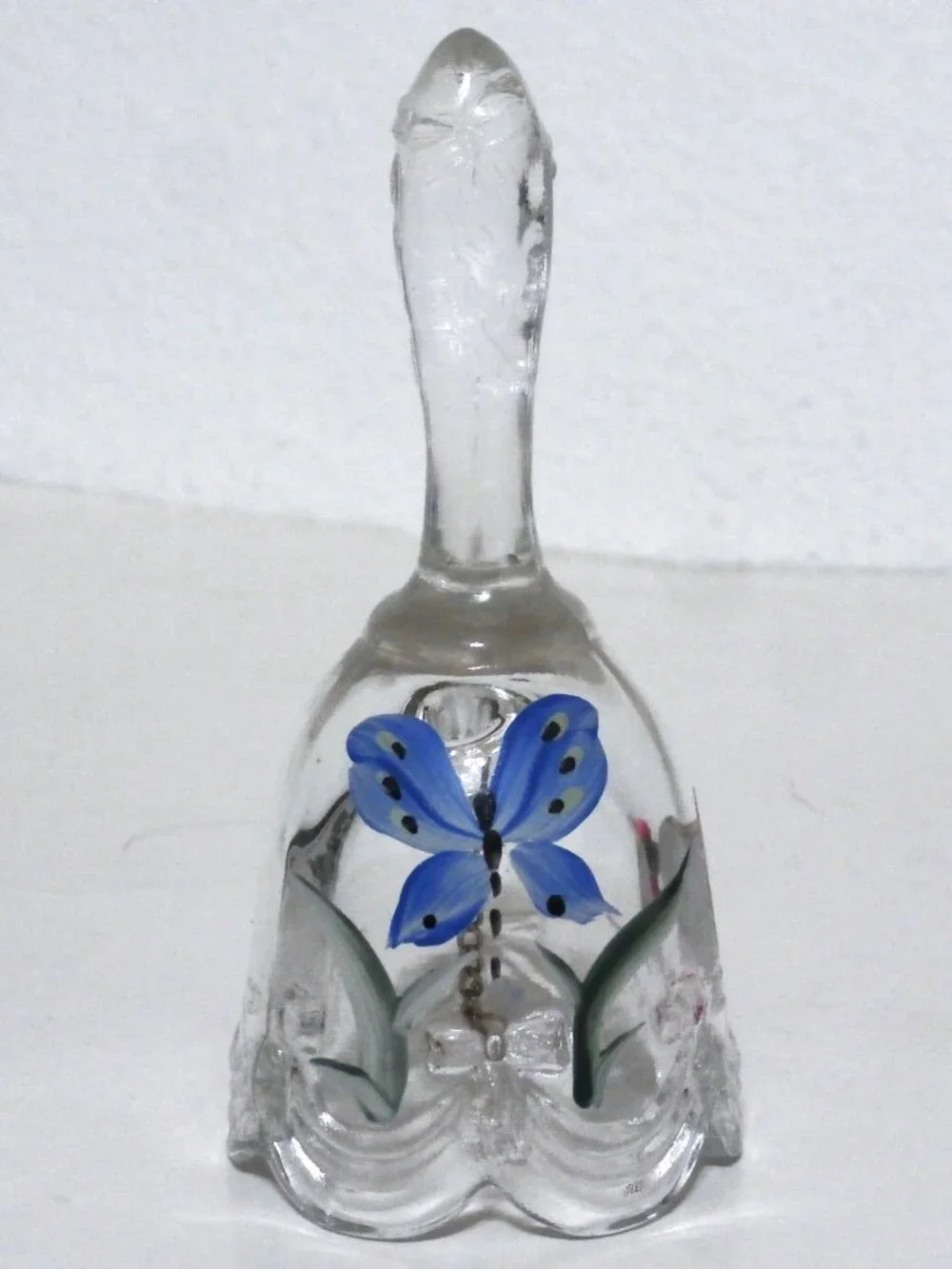 Vintage FENTON Glass BELL Clear Signed, Fenton Paper Sticker Painted Butterfly